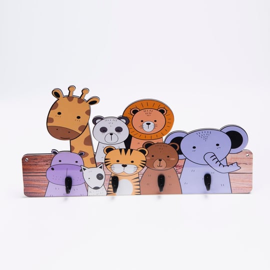 Deep Creative Çocuk Odası Duvar Askılığı 4 Askılı Montessori Doğal Ahşap-Pleksi Uv Baskılı Askı Safari