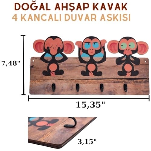 DeepCraft Çocuk Odası Duvar Askılığı 4 Askılı Montessori Doğal Ahşap Uv Baskılı 3 Maymun