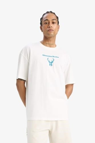 DeFacto Erkek DeFactoFit NBA Milwaukee Bucks Oversize Fit Bisiklet Yaka %100 Pamuk Tişört