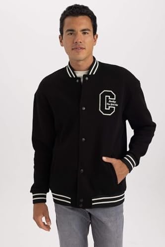 DeFacto Erkek Oversize Fit Kolej Yaka Bomber Baskılı İçi Yumuşak Tüylü Kalın Kumaş Hırka