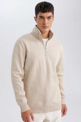 DeFacto Gri 3 İplik Pamuklu Şardonlu İçi Polarlı Comfort Regular Fit Rahat Kalıp Dik Yaka Fermuarlı Kalın Sweatshirt