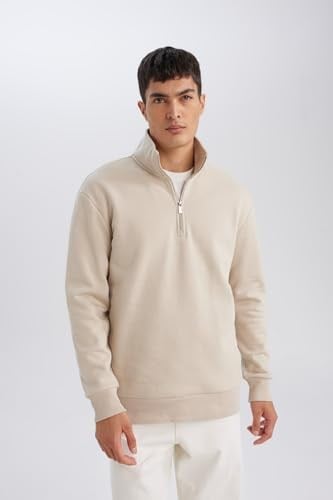 DeFacto Gri 3 İplik Pamuklu Şardonlu İçi Polarlı Comfort Regular Fit Rahat Kalıp Dik Yaka Fermuarlı Kalın Sweatshirt