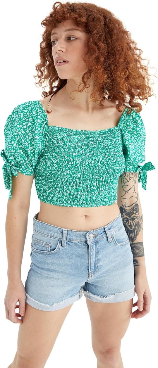 DeFacto Kadın Coool Crop Kare Yaka Kısa Balon Kollu Poplin %100 Pamuk Bluz