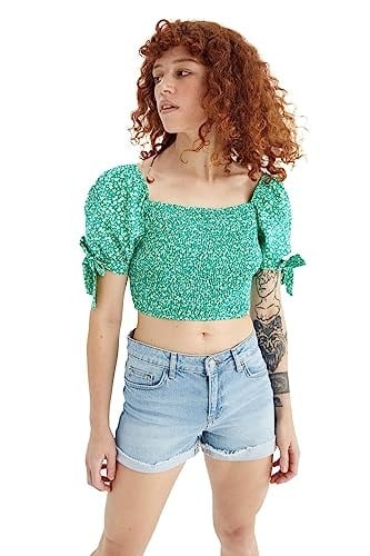DeFacto Kadın Coool Crop Kare Yaka Kısa Balon Kollu Poplin %100 Pamuk Bluz