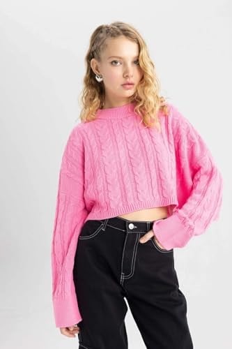 DeFacto Kadın Coool Relax Fit Örgü Desenli Kayık Yaka Crop Triko Kazak