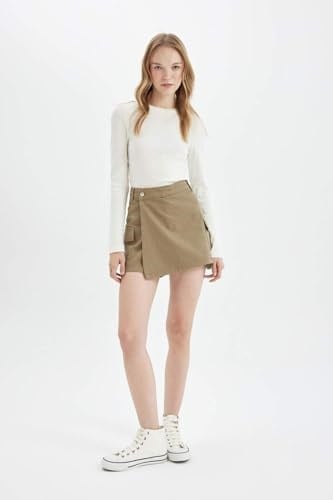 DeFacto Regular Fit Normal Bel Kargo Cepli Gabardin Şort Etek, 36, D4991AX24AU, Haki-KH474, Kadın