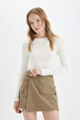 DeFacto Regular Fit Normal Bel Kargo Cepli Gabardin Şort Etek, 36, D4991AX24AU, Haki-KH474, Kadın