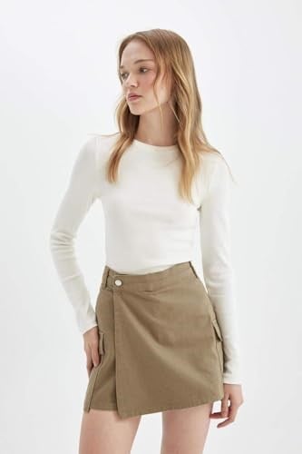 DeFacto Regular Fit Normal Bel Kargo Cepli Gabardin Şort Etek, 36, D4991AX24AU, Haki-KH474, Kadın