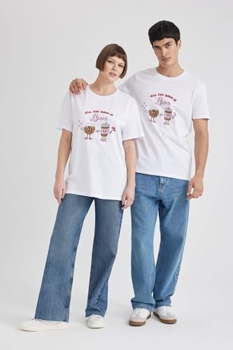 DeFacto Sevgililer Günü Unisex Kısa Kollu T-Shirt Üniseks Yetişkin Beyaz