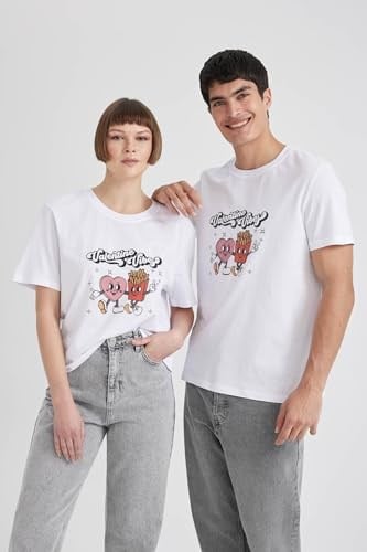DeFacto Sevgililer Günü Unisex Kısa Kollu T-Shirt Üniseks Yetişkin Beyaz
