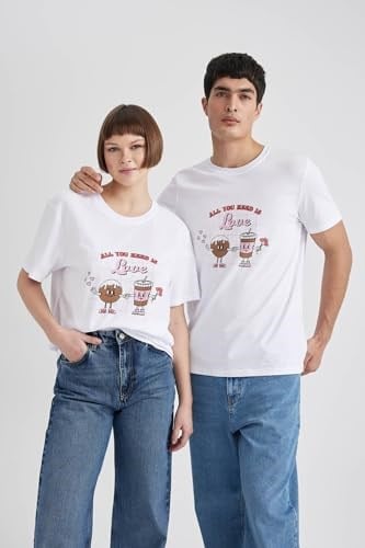 DeFacto Sevgililer Günü Unisex Kısa Kollu T-Shirt Üniseks Yetişkin Beyaz