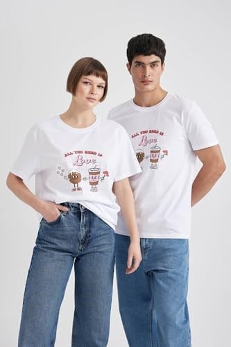 DeFacto Sevgililer Günü Unisex Kısa Kollu T-Shirt Üniseks Yetişkin Beyaz