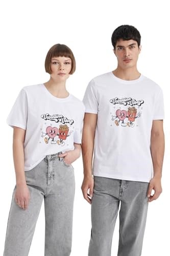 DeFacto Sevgililer Günü Unisex Kısa Kollu T-Shirt Üniseks Yetişkin Beyaz