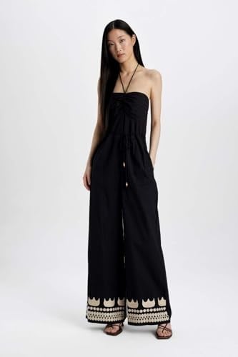 DeFacto Straplez Poplin Geniş Paça Uzun Tulum, 40, Straplez Poplin Geniş Paça Uzun Tulum, Siyah-BK81, Kadın