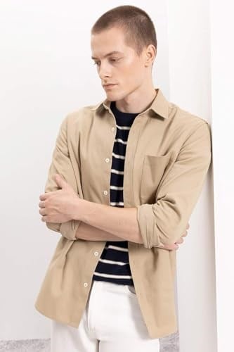 DeFacto%100 Pamuk Regular Fit Düğmeli Basic Düz Gabardin Uzun Kollu Gömlek, L, A5383AX24AU, Bej-BG801, Erkek