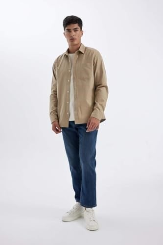 DeFacto%100 Pamuk Regular Fit Düğmeli Basic Düz Gabardin Uzun Kollu Gömlek, L, A5383AX24AU, Bej-BG801, Erkek