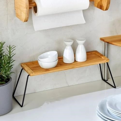 Dekoratif Mutfak Banyo Rafı, Bambu ve Metal, 36x12x15 cm, Düzenleyici Raf Sunum Standı Dekoratif Mutfak Standı
