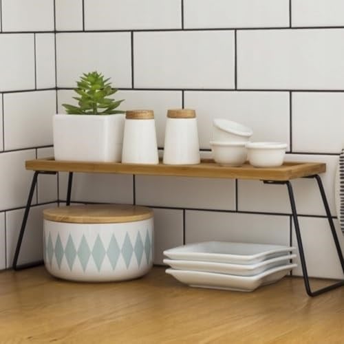 Dekoratif Mutfak Banyo Rafı, Bambu ve Metal, 36x12x15 cm, Düzenleyici Raf Sunum Standı Dekoratif Mutfak Standı