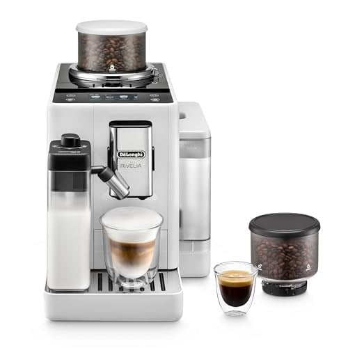 DeLonghi Rivelia EXAM440.55.W, Tam Otomatik LatteCrema Kahve Makinesi, Otomatik Süt Köpürtücü, Kompakt Boyut, Fasulyeden Bardağa Kahve Makinesi, 16 Tarif Renkli Dokunmatik Ekran, Kutup Beyazı