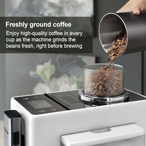 DeLonghi Rivelia EXAM440.55.W, Tam Otomatik LatteCrema Kahve Makinesi, Otomatik Süt Köpürtücü, Kompakt Boyut, Fasulyeden Bardağa Kahve Makinesi, 16 Tarif Renkli Dokunmatik Ekran, Kutup Beyazı