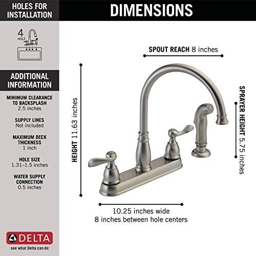 Delta Faucet Windemere 2 Kulplu Evye Bataryası Yan Püskürtücülü Uyumlu Yüzey, Paslanmaz 21996LF-SS, 5