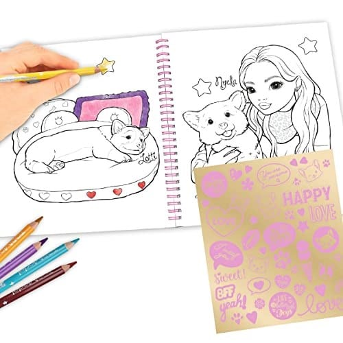 Depesche 12083 TOPModel Corgi - Boyama kitabı seti, model ve köpek motiflerini tasarlamak için 20 çift baskılı sayfa, çıkartma sayfalı boyama defteri ve daha fazlası