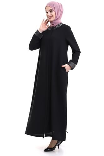 Derin Store Yaka ve Kol Taşlı Tesettür Ferace 23300-23 Siyah