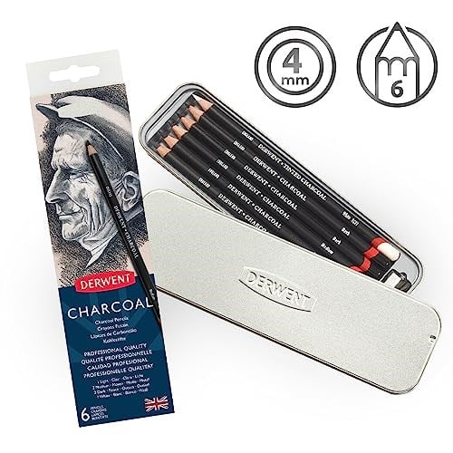 Derwent Kömür Kalemleri, Çizim ve Yazma, 6lı Set, Açık, Orta, Koyu ve Renkli Kömür, Karıştırma ve Bulaşma için İdeal, Kalemtıraş Dahil, Profesyonel Kalite, 0700838