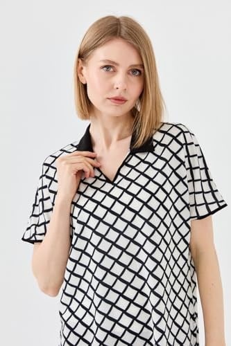 DESEN TRİKO Kadın Polo Yaka Kare Desenli T-shirt, dsnNM6939