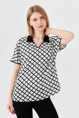 DESEN TRİKO Kadın Polo Yaka Kare Desenli T-shirt, dsnNM6939