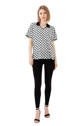 DESEN TRİKO Kadın Polo Yaka Kare Desenli T-shirt, dsnNM6939