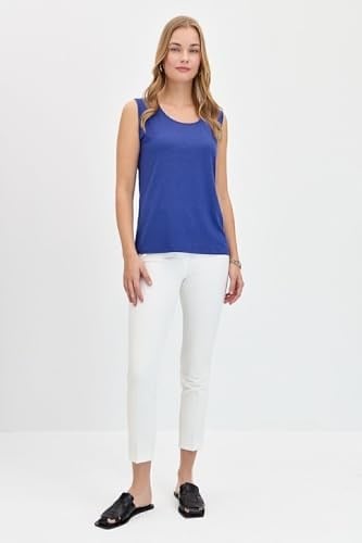 Desen Triko Kadın Sıfır Yaka Flamlı Kumaş Basic Askılı T-Shirt 24086 Indigo