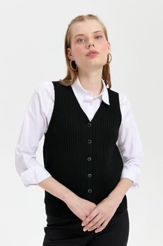 Desen Triko Kadın V Yaka Dikişsiz Yelek Siyah Beden;XL,Renk;Siyah
