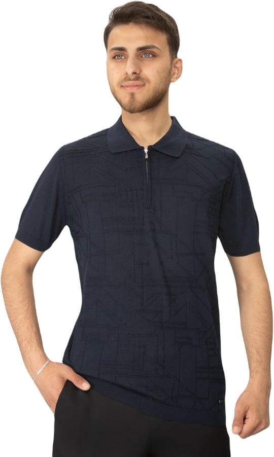 DESENLI POLO YAKA FERMUARLI TRIKO TSHIRT LACİVERT