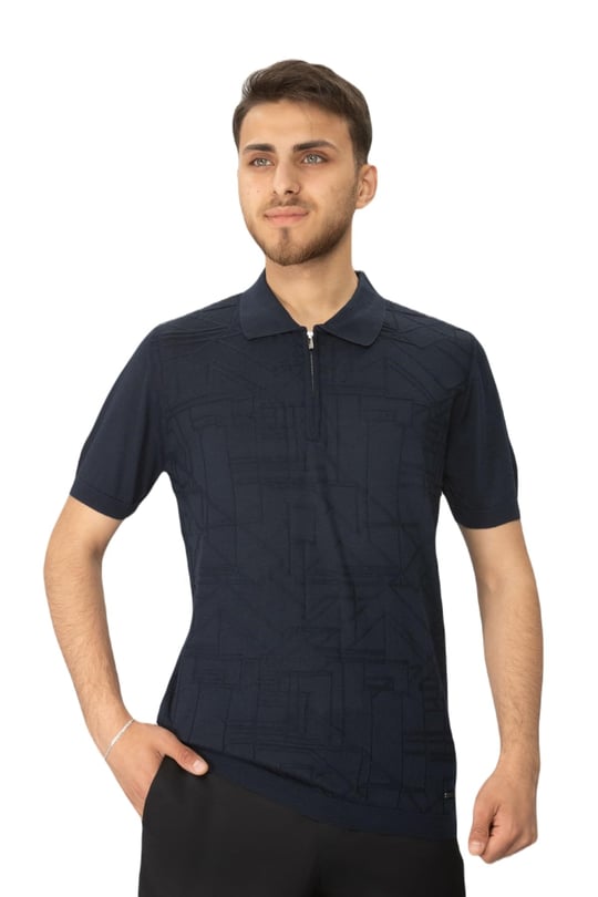 DESENLI POLO YAKA FERMUARLI TRIKO TSHIRT LACİVERT