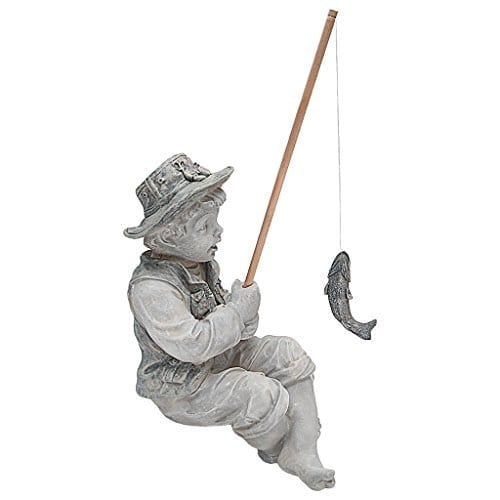 Design Toscano Frederic Avignon Boy Balıkçı Bahçe Heykeli, 38 cm, Poliresin, İki Tonlu Taş