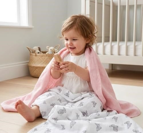 DEUX LAPINS% 100 Pamuk 3lü Müslin Bebek Örtüsü Iconıque Lapin & Petits Canetons & Innocent Pink 100x100 THROW3PACK1004