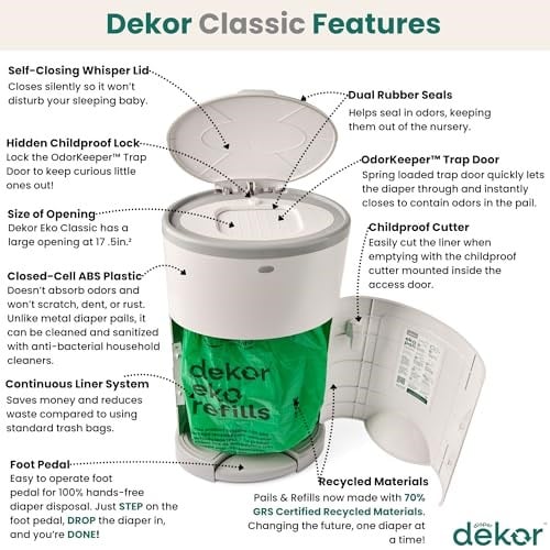 Diaper Dekor EKO Classic Bebek Bezi Kovası, Beyaz | SADECE Çevre Dostu Bebek Bezi Kovası%70 Geri Dönüştürülmüş Malzemelerden Yapılmıştır | Eller Serbest: Adım Bırakma - Tamamlandı | Uygun Maliyetli