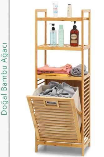 Digithome Bambu Kirli Sepetli 3 Raflı Çok Amaçlı Banyo Düzenleyici Çamaşır Sepeti Organizer DB-0002 - Bedenler: 74cm, 80cm, 95cm, 118cm, 98cm