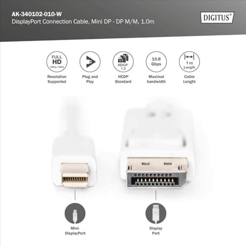 Digitus Assmann AK-340102-020-W Displayport Bağlantı Kablosu, Mini Dp - Dp M/M, 2.0M, W/Ara Kilit, Dp 1.1 - Seçenekler: 4K/60Hz - mini DPden DPye, 2 m, 5 m
