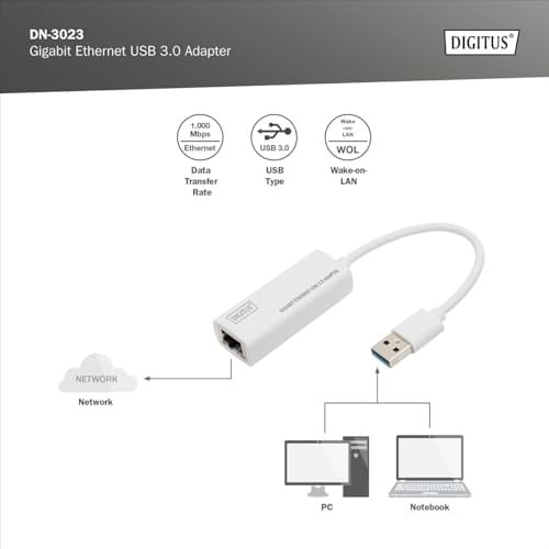 Digitus DN-3023 Usb 3.0 - Gigabit Ethernet Adaptör Usb-A Konnektör, 10/100/1000 Mbps, Usb 3.0, Xp, Vista,7,8, Mac Os X, Linux - Seçenekler: USB 3.0 - Gigabit Ethernet 1 GBit/s...