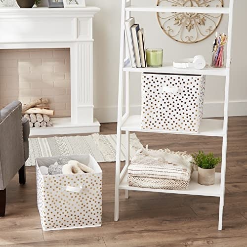 DII Dokumasız Saklama Koleksiyonu Puantiyeli Katlanabilir Çöp Kovası Büyük Set, 13x13x13 Küp, Beyaz ve Altın, 2 Parça