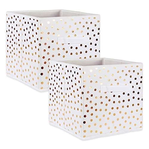 DII Dokumasız Saklama Koleksiyonu Puantiyeli Katlanabilir Çöp Kovası Büyük Set, 13x13x13 Küp, Beyaz ve Altın, 2 Parça