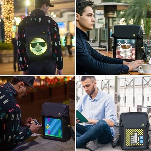 DIVOOM Pixoo Pixoo Pixoo Pixoo Art Laptop Sırt Çantası Erkek 15 inç Su Geçirmez Okul Sırt Çantası Laptop Sırt Çantası Kadın Günlük Çantası 16 x 16 RGB LED Ekranlı Erkek Kadın Okul İş Seyahat, Siyah
