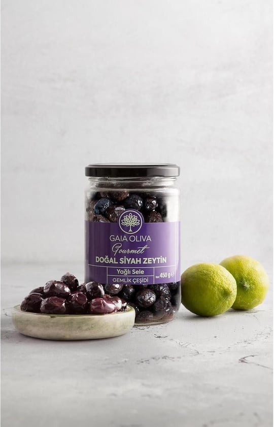 Doğal Siyah Zeytin, Yağlı Sele Gemlik Çeşidi, Net: 450 gr