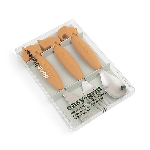Done by Deer Easy grip Geyik Arkadaşları Hardal Sarısı Çatal Bıçak Takımı - Kaşık, Çatal ve Bıçaklı - Yumuşak, Kaymaz Silikon Saplı Çocuk Çatal Bıçak Takımı - Çocuklar için Sevimli Vaftiz Hediyeleri