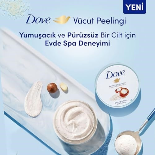 Dove Vücut Peelingi Macadamia Fındığı ve Pirinç Sütü 225 ml Beyaz