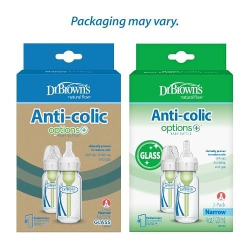 Dr. Browns Natural Flow® Anti-Colic Options+™ Dar Cam Biberon, 4 oz/250 ml Seviye 1 Yavaş Akış Nipeli, 2li Paket, 0 m+