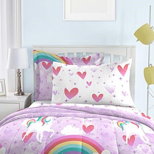 dream FACTORY Çocuk 5 Parçalı Komple Set Kolay Yıkanır Süper Yumuşak Mikrofiber Yorgan Yatağı, İkiz, Mor Tek Boynuzlu At Gökkuşağı - Seçenekler: Full, Twin