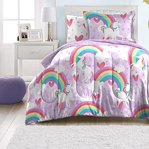 dream FACTORY Çocuk 5 Parçalı Komple Set Kolay Yıkanır Süper Yumuşak Mikrofiber Yorgan Yatağı, İkiz, Mor Tek Boynuzlu At Gökkuşağı - Seçenekler: Full, Twin